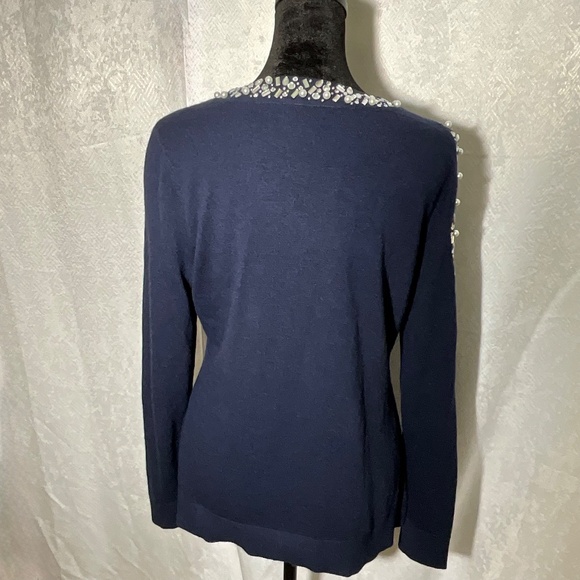 INC Women’s Embellished Cold Shoulder Sweater Navy Beaded Neckline Size S NWT - Picture 2 of 12